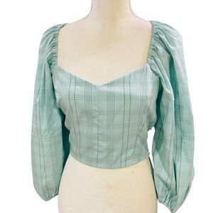 Buru Sweetheart Neck Balloon Sleeve Stripe Smocked Bustier Crop Top NWT Aqua